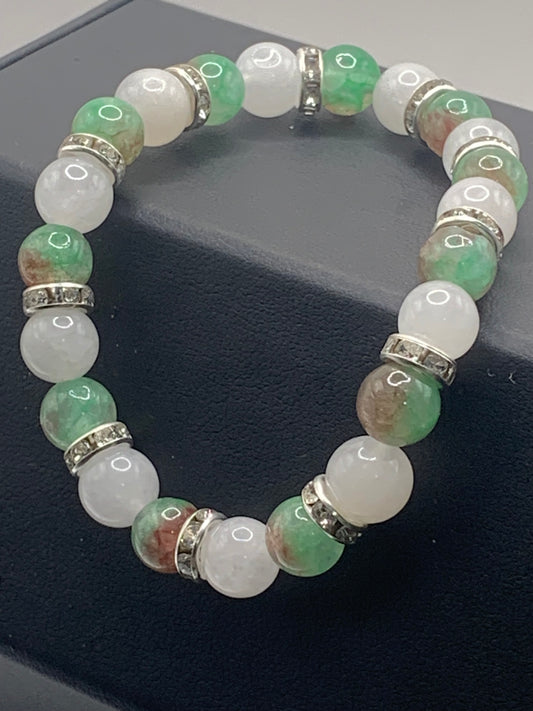 Peacock chalcedony and white chalcedony semi precious stone/crystal elastic beaded bracelet with clear rondelle's