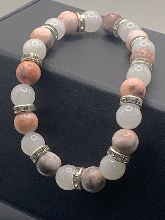 Pink zebra jasper and white chalcedony semi precious stone/crystal elastic beaded bracelet with clear rondelle's