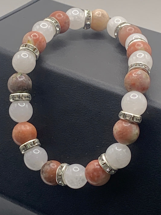 Pink lepidolite and white chalcedony semi precious stone/crystal elastic beaded bracelet with clear rondelle's