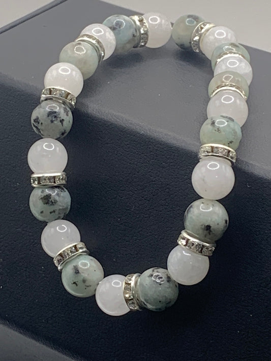 Kiwi jasper and white chalcedony semi precious stone/crystal elastic beaded bracelet with clear rondelle's