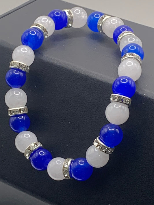 Deep blue chalcedony and white chalcedony semi precious stone/crystal elastic beaded bracelet with clear rondelle's