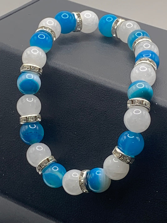 Light blue lace agate and white chalcedony semi precious stone/crystal elastic beaded bracelet with clear rondelle's