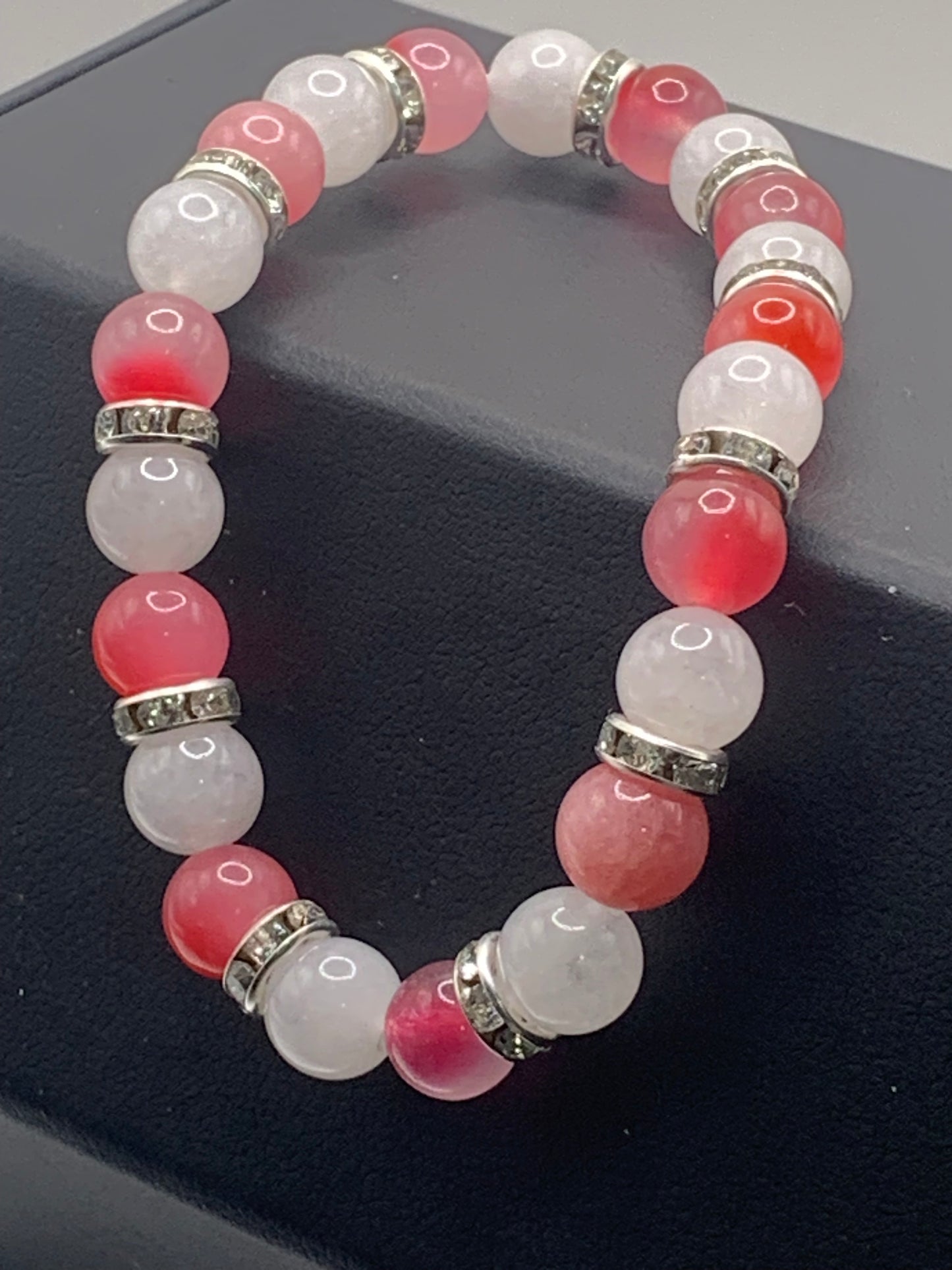 Hot pink agate and white chalcedony semi precious stone/crystal elastic beaded bracelet with clear rondelle's
