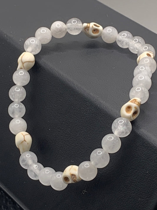 White chalcedony semi precious stone/crystal elastic beaded bracelet with white resin skulls