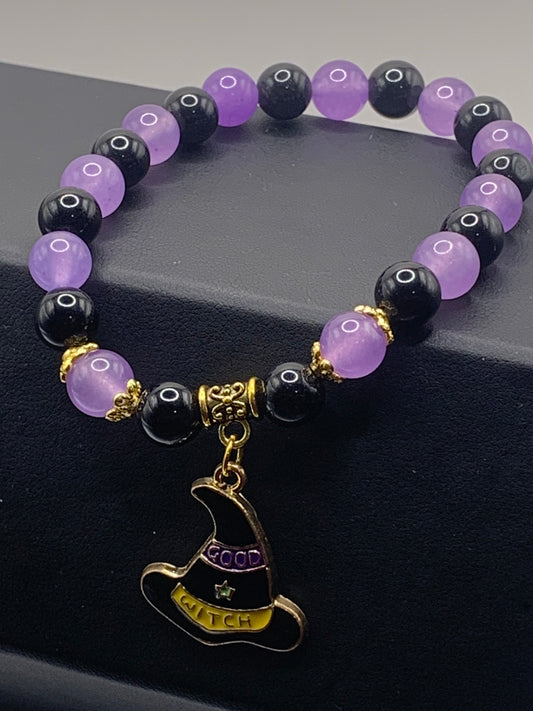 Black obsidian and purple chalcedony semi precious stone/crystal elastic beaded bracelet with Halloween charm