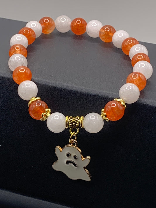 White chalcedony and phoenix agate semi precious stone/crystal elastic beaded bracelet with Halloween charm