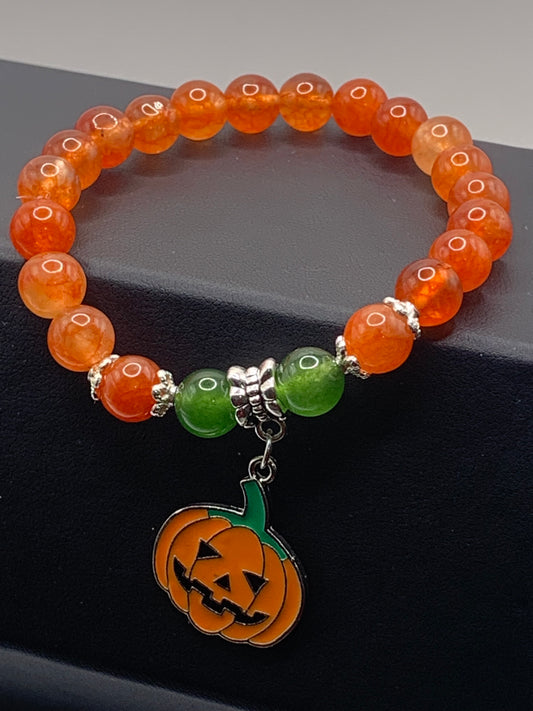 Phoenix agate and green chalcedony semi precious stone/crystal elastic beaded bracelet with Halloween charm