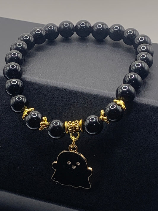 Black obsidian semi precious stone/crystal elastic beaded bracelet with Halloween charm