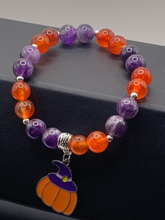 Phoenix agate and dream amethyst semi precious stone/crystal elastic beaded bracelet with Halloween charm