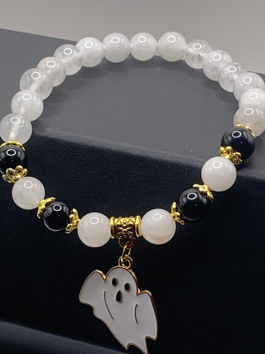 White chalcedony and black obsidian semi precious stone/crystal elastic beaded bracelet with Halloween charm