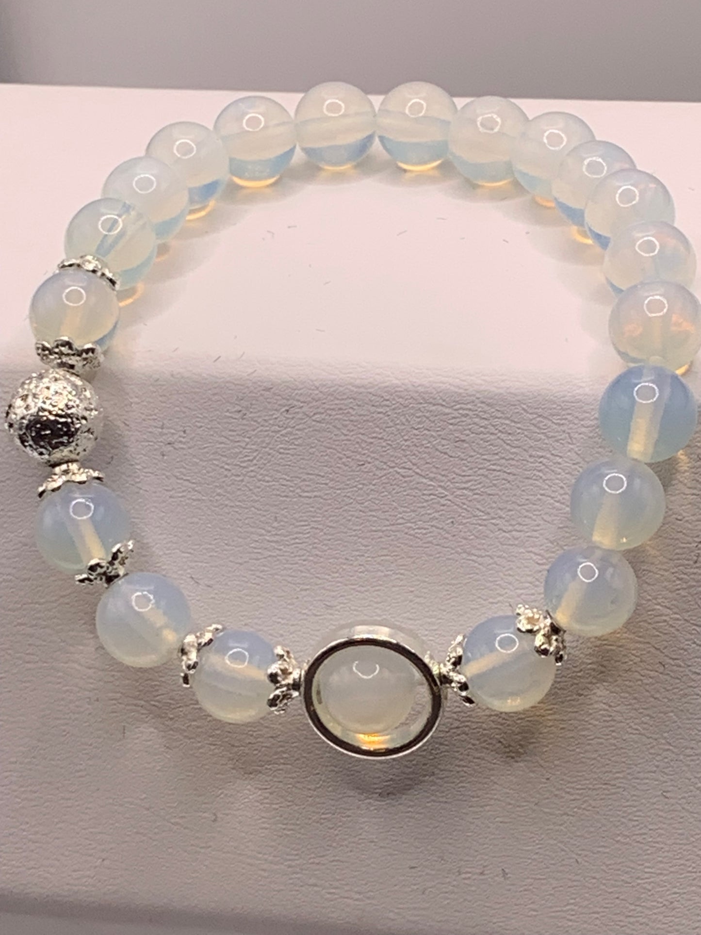 Opalite with silver lava semi precious stone/crystal elastic beaded bracelet with silver accents