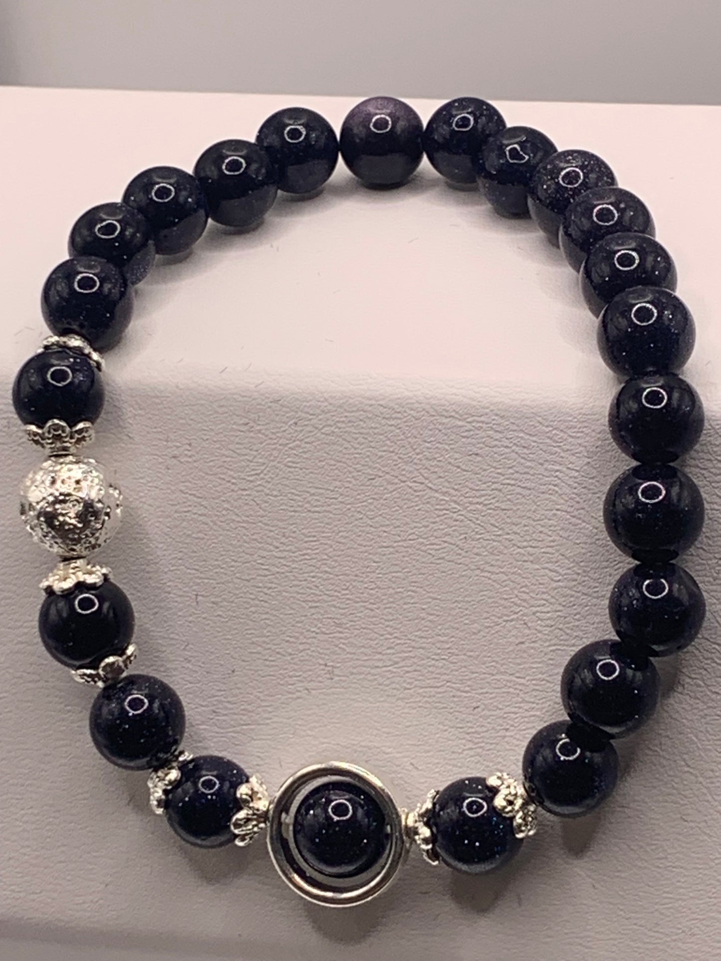 Blue sandstone with silver lava semi precious stone/crystal elastic beaded bracelet with silver accents