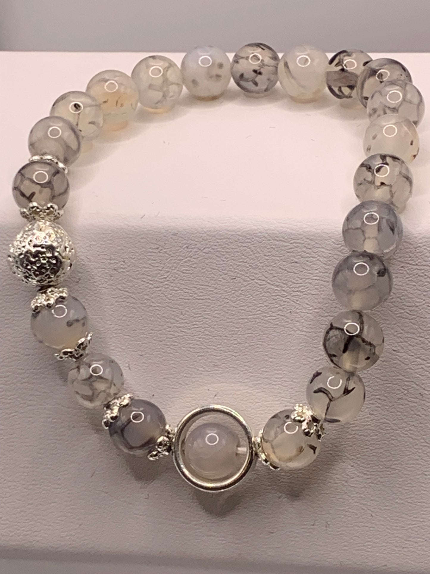 Dragon vein agate with silver lava semi precious stone/crystal elastic beaded bracelet with silver accents