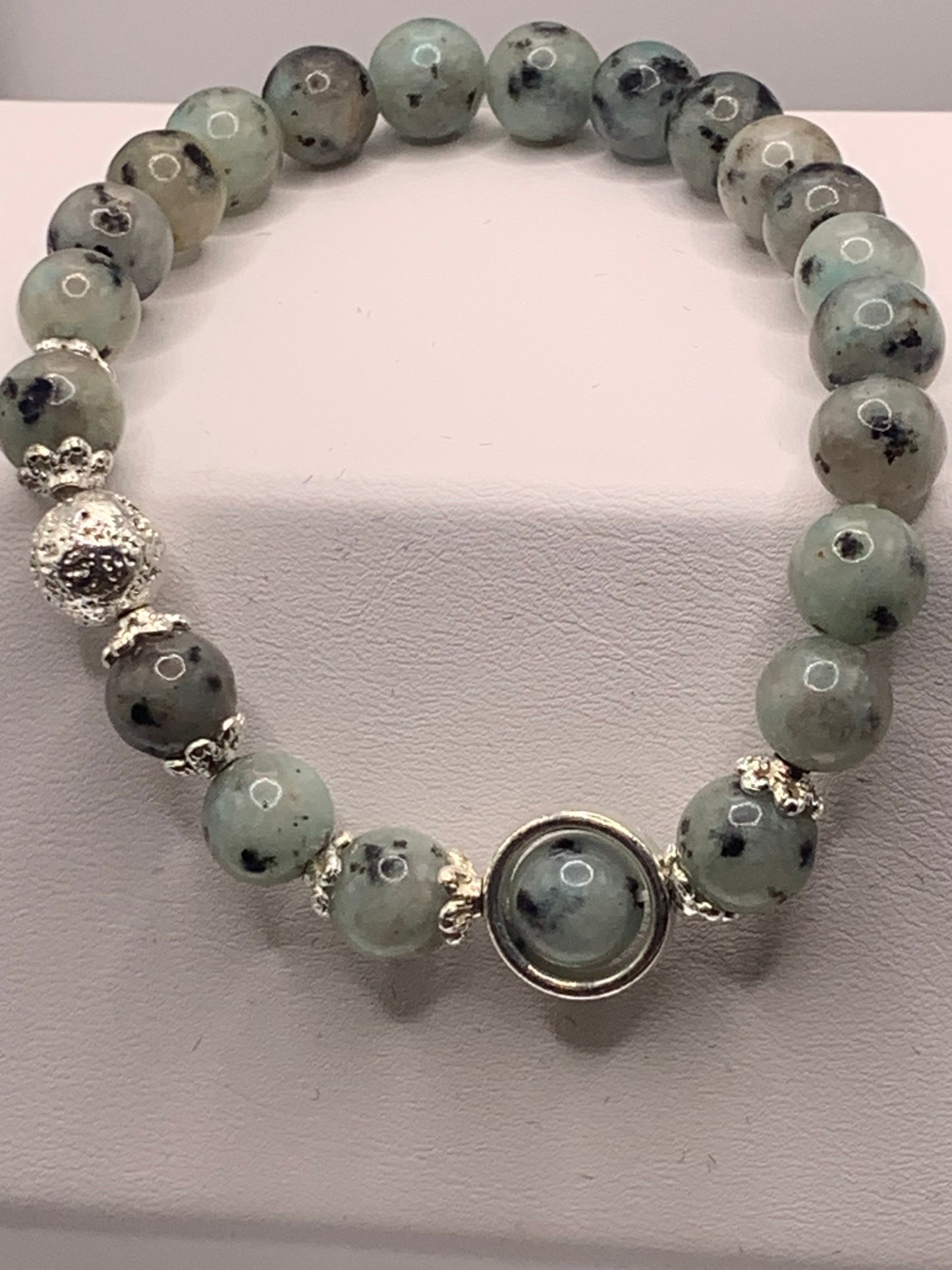 Kiwi jasper with silver lava semi precious stone/crystal elastic beaded bracelet with silver accents