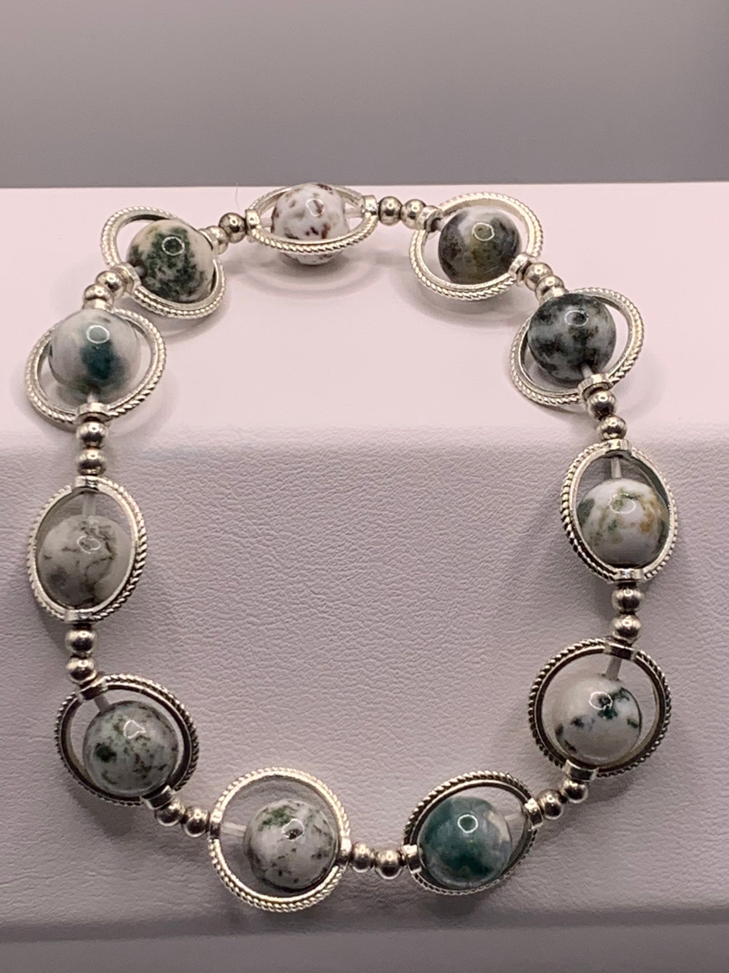 Tree  moss agate semi precious stone/crystal elastic beaded bracelet with silver colored rings