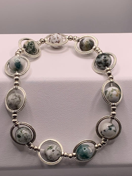 Tree  moss agate semi precious stone/crystal elastic beaded bracelet with silver colored rings