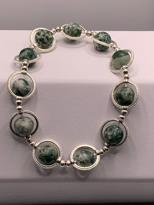 Green dot jasper semi precious stone/crystal elastic beaded bracelet with silver colored rings