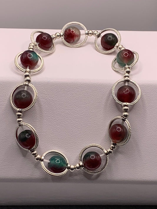 Blueberry chalcedony semi precious stone/crystal elastic beaded bracelet with silver colored rings