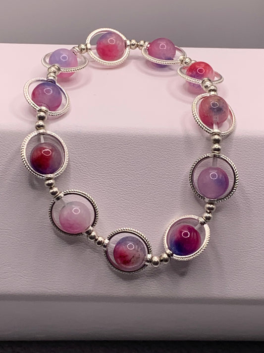 Blue pink chalcedony semi precious stone/crystal elastic beaded bracelet with silver colored rings