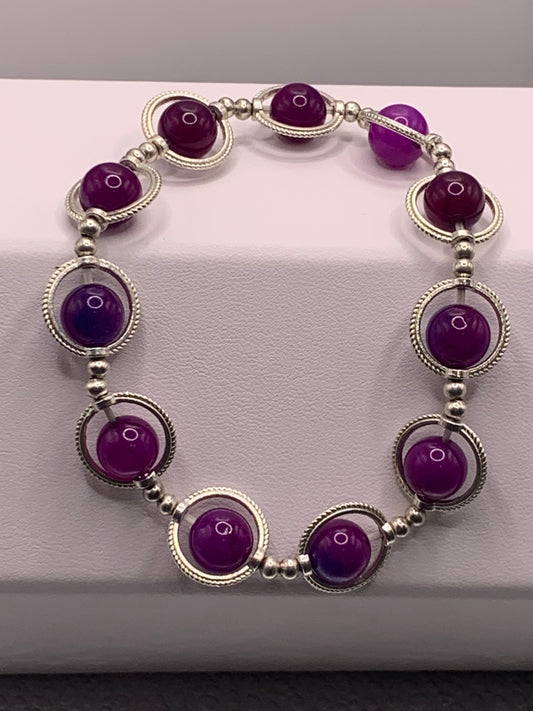 Purple blue chalcedony semi precious stone/crystal elastic beaded bracelet with silver colored rings