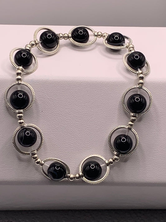 Black lace agate semi precious stone/crystal elastic beaded bracelet with silver colored rings