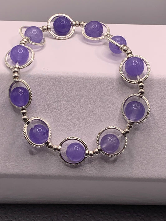 Purple agate semi precious stone/crystal elastic beaded bracelet with silver colored rings