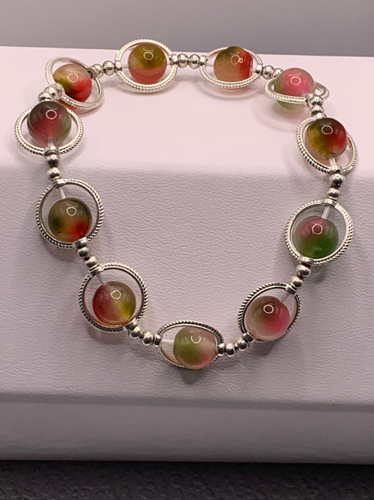 Watermelon chalcedony semi precious stone/crystal elastic beaded bracelet with silver colored rings