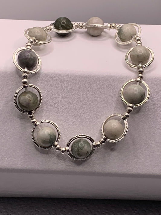 Lucky jade semi precious stone/crystal elastic beaded bracelet with silver colored rings