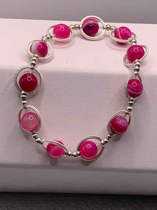 Pink lace agate semi precious stone/crystal elastic beaded bracelet with silver colored rings