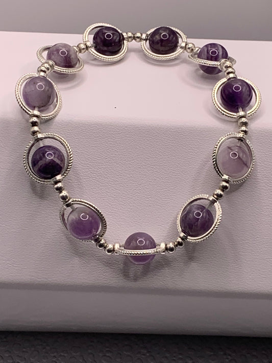 Dream amethyst semi precious stone/crystal elastic beaded bracelet with silver colored rings