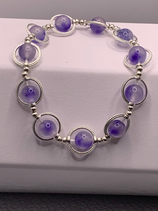 Ice blue agate semi precious stone/crystal elastic beaded bracelet with silver colored rings