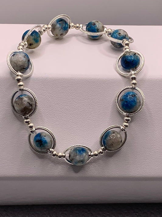 K2 jasper semi precious stone/crystal elastic beaded bracelet with silver colored rings