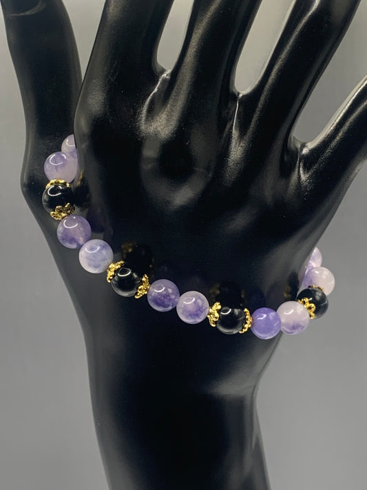 Black obsidian with ice blue agate semi precious stone/crystal beaded elastic bracelet with gold plated flower bead caps