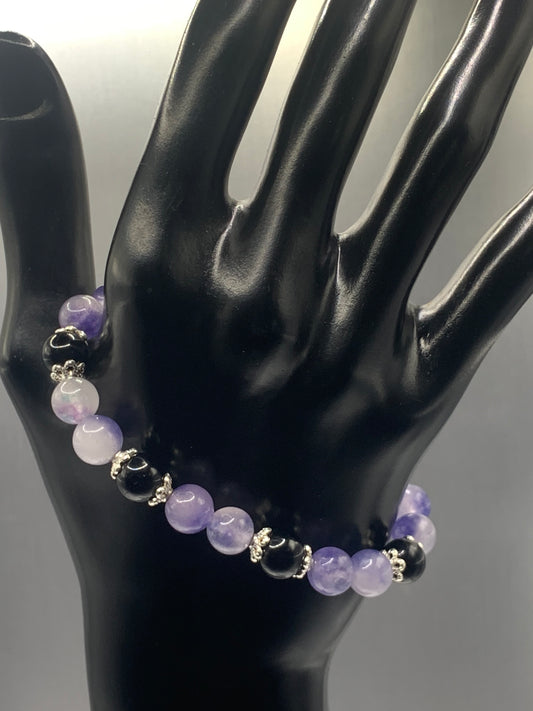 Black obsidian with ice blue agate semi precious stone/crystal beaded elastic bracelet with silver plated flower bead caps