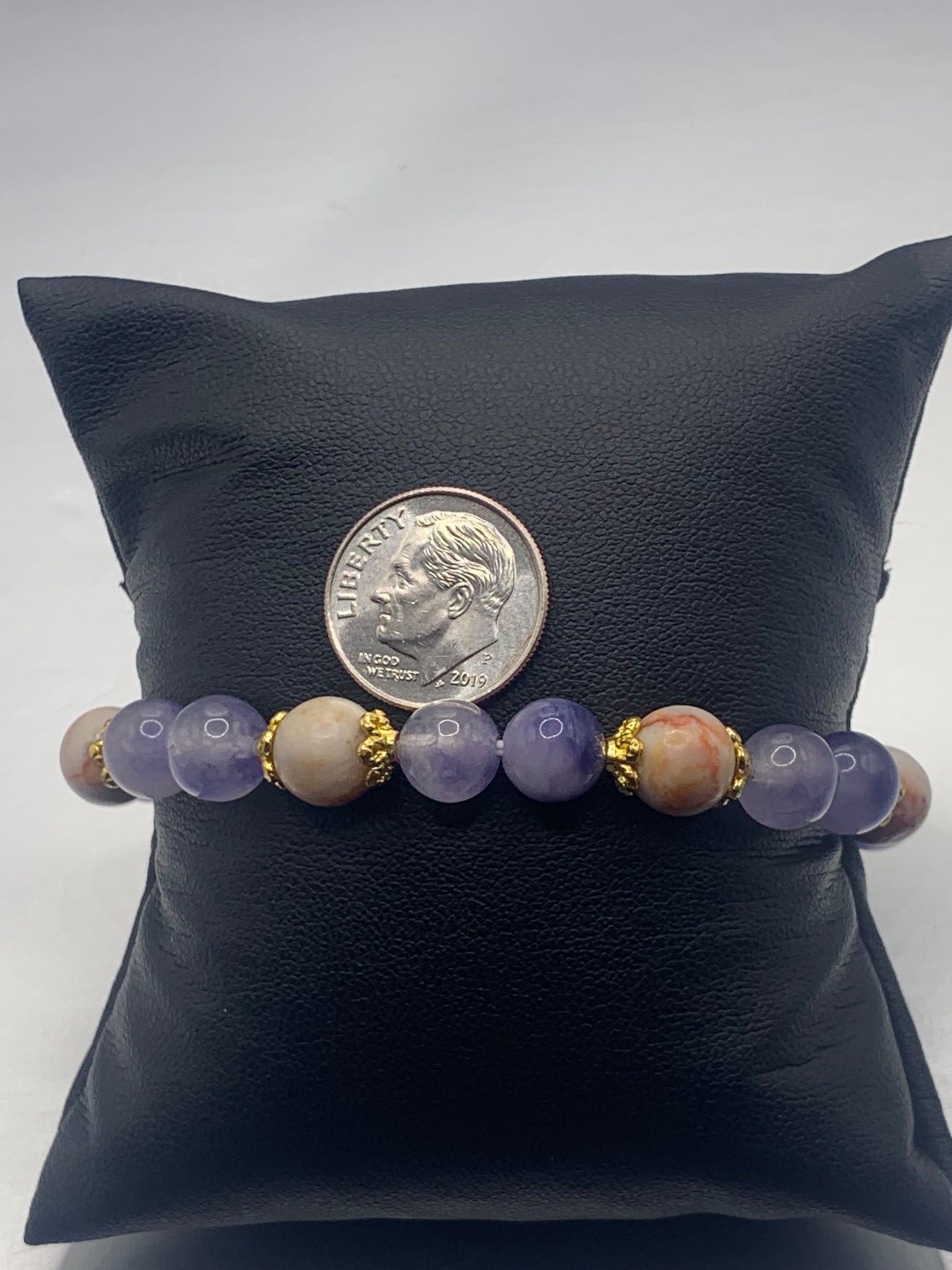 Red vein jasper and ice blue agate semi precious stone/crystal elastic beaded bracelet with gold plated flower bead caps