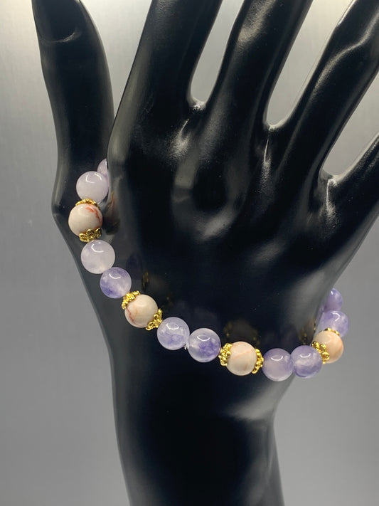 Red vein jasper and ice blue agate semi precious stone/crystal elastic beaded bracelet with gold plated flower bead caps