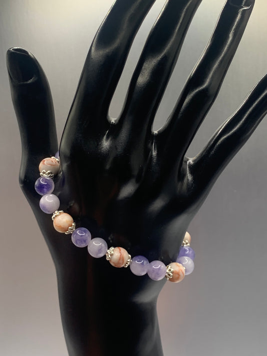 Red vein jasper and ice blue agate semi precious stone/crystal elastic beaded bracelet with silver plated flower bead caps