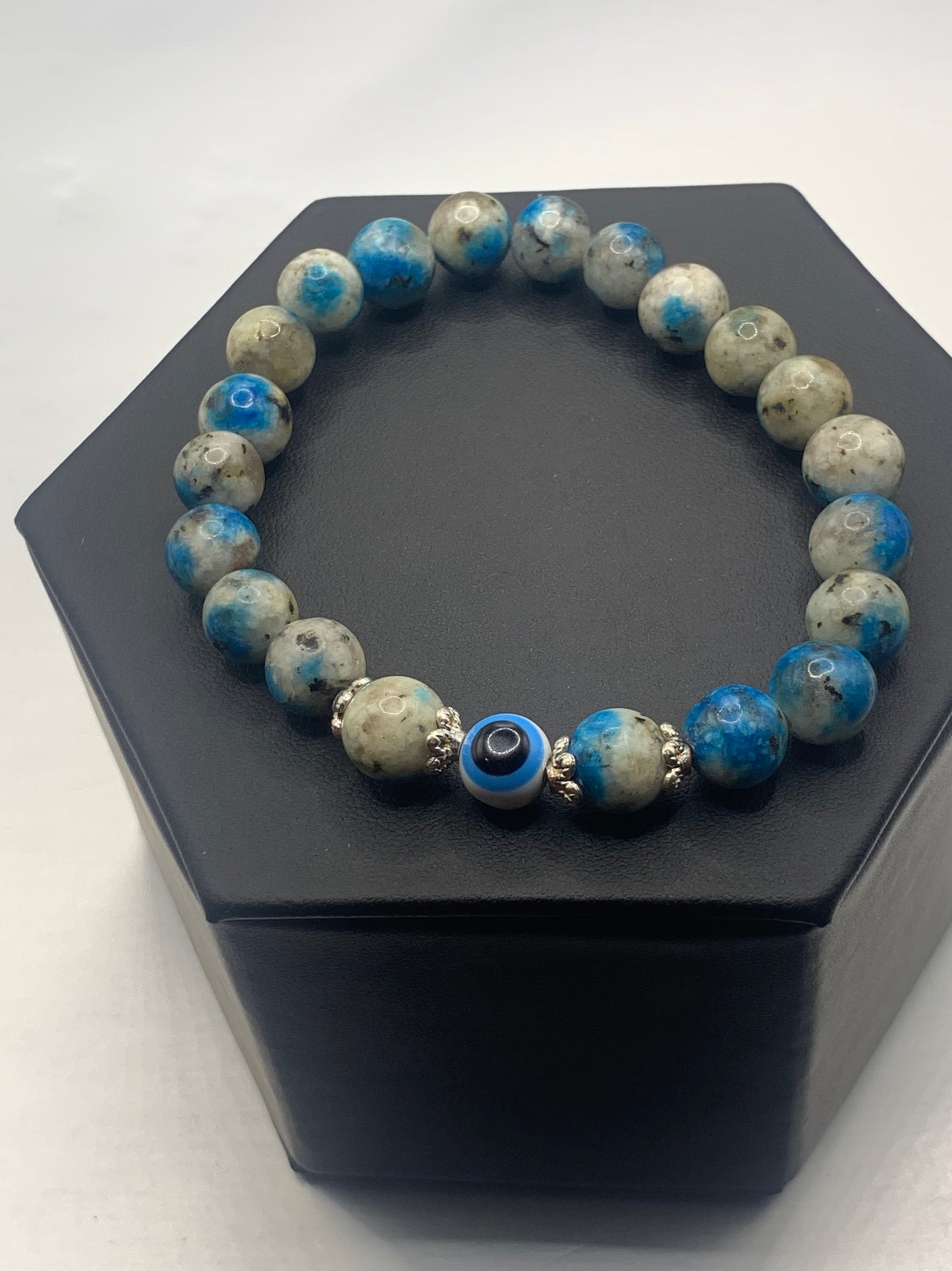 K2 jasper semi precious stone/crystal with resin evil eye beaded elastic bracelet