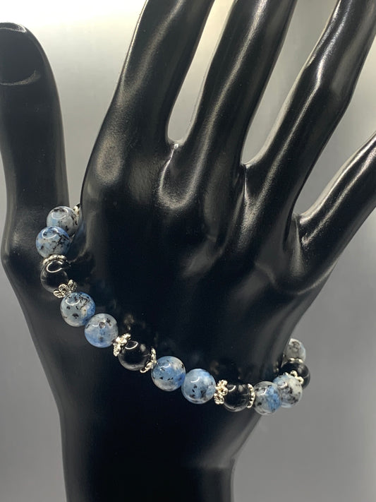 Black obsidian with k2 jasper semi precious stone/crystal beaded elastic bracelet with silver plated flower bead caps
