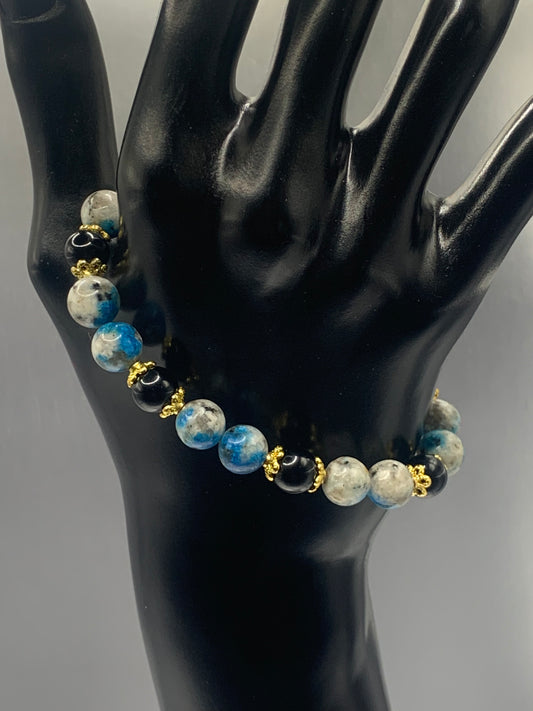 Black obsidian with k2 jasper semi precious stone/crystal beaded elastic bracelet with gold plated flower bead caps