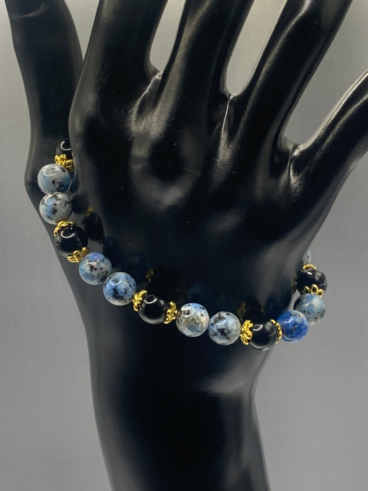 Black obsidian with k2 jasper semi precious stone/crystal beaded elastic bracelet with gold plated flower bead caps