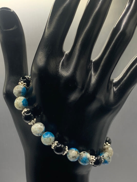 Black obsidian with k2 jasper semi precious stone/crystal beaded elastic bracelet with silver plated flower bead caps