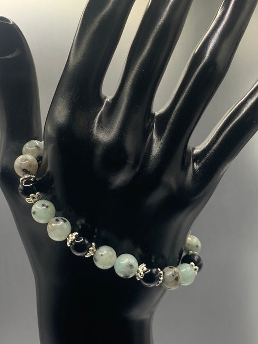 Black obsidian with kiwi jasper semi precious stone/crystal beaded elastic bracelet with silver plated flower bead caps