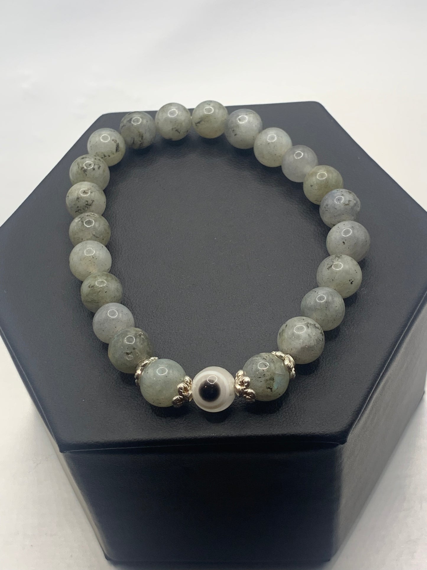 Labradorite semi precious stone/crystal with resin evil eye beaded elastic bracelet