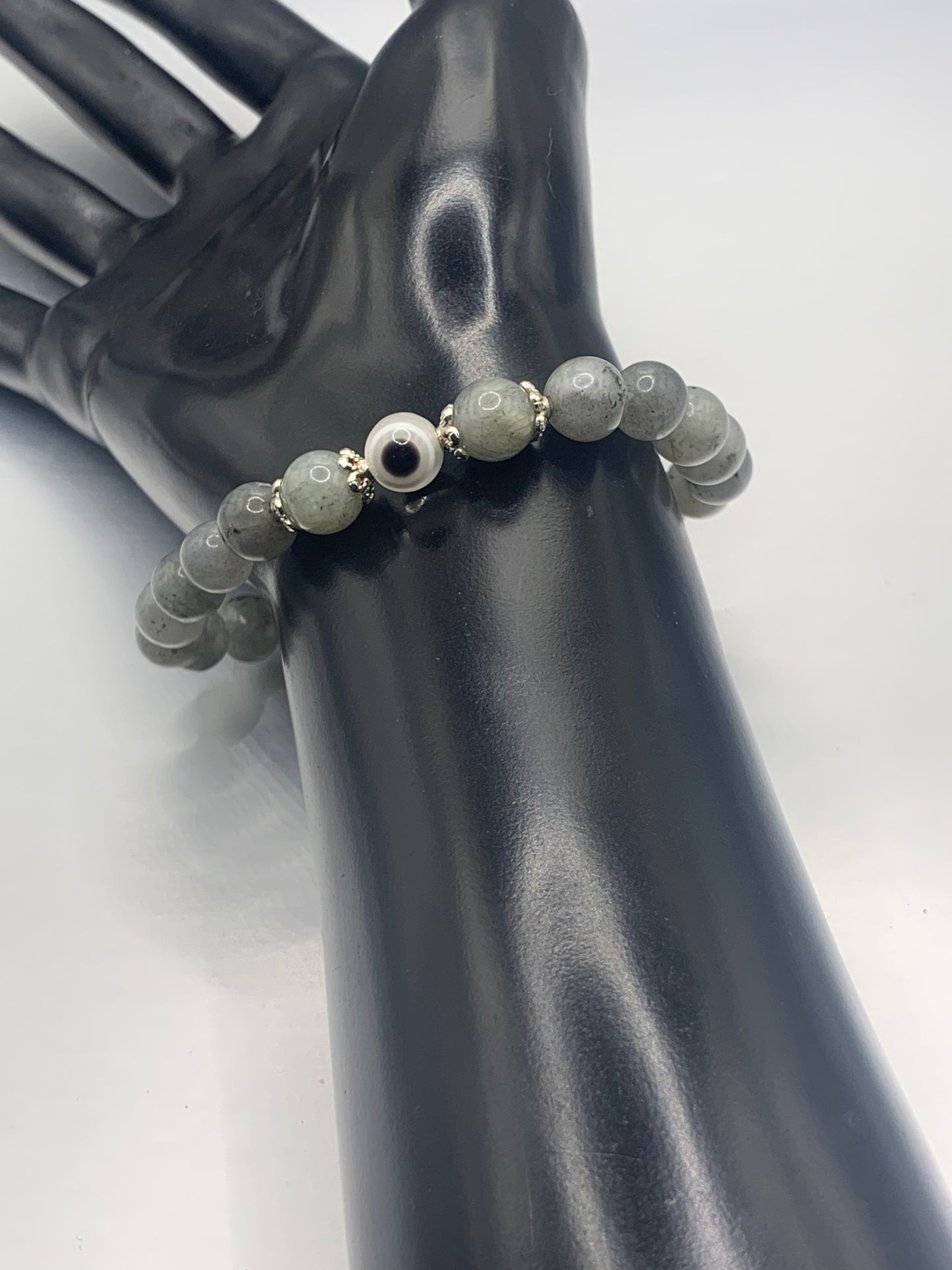 Labradorite semi precious stone/crystal with resin evil eye beaded elastic bracelet