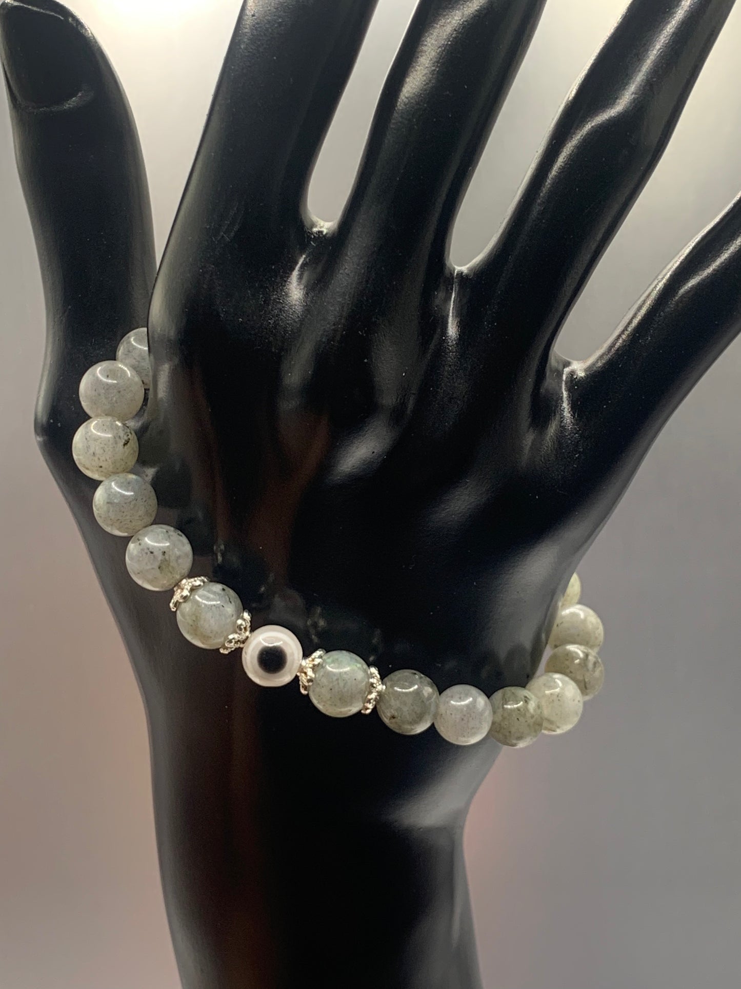 Labradorite semi precious stone/crystal with resin evil eye beaded elastic bracelet