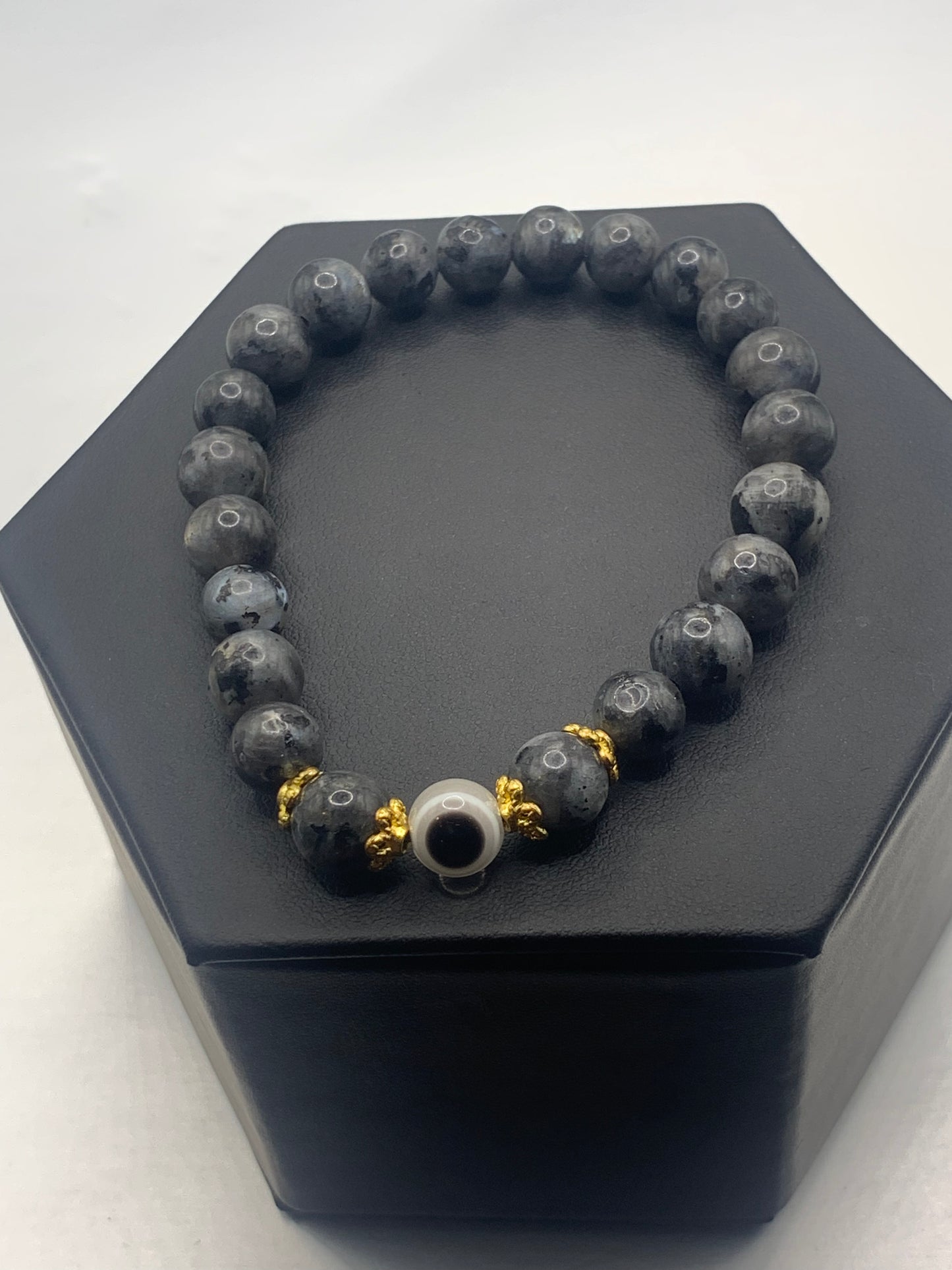 Larvikite semi precious stone/crystal with resin evil eye beaded elastic bracelet
