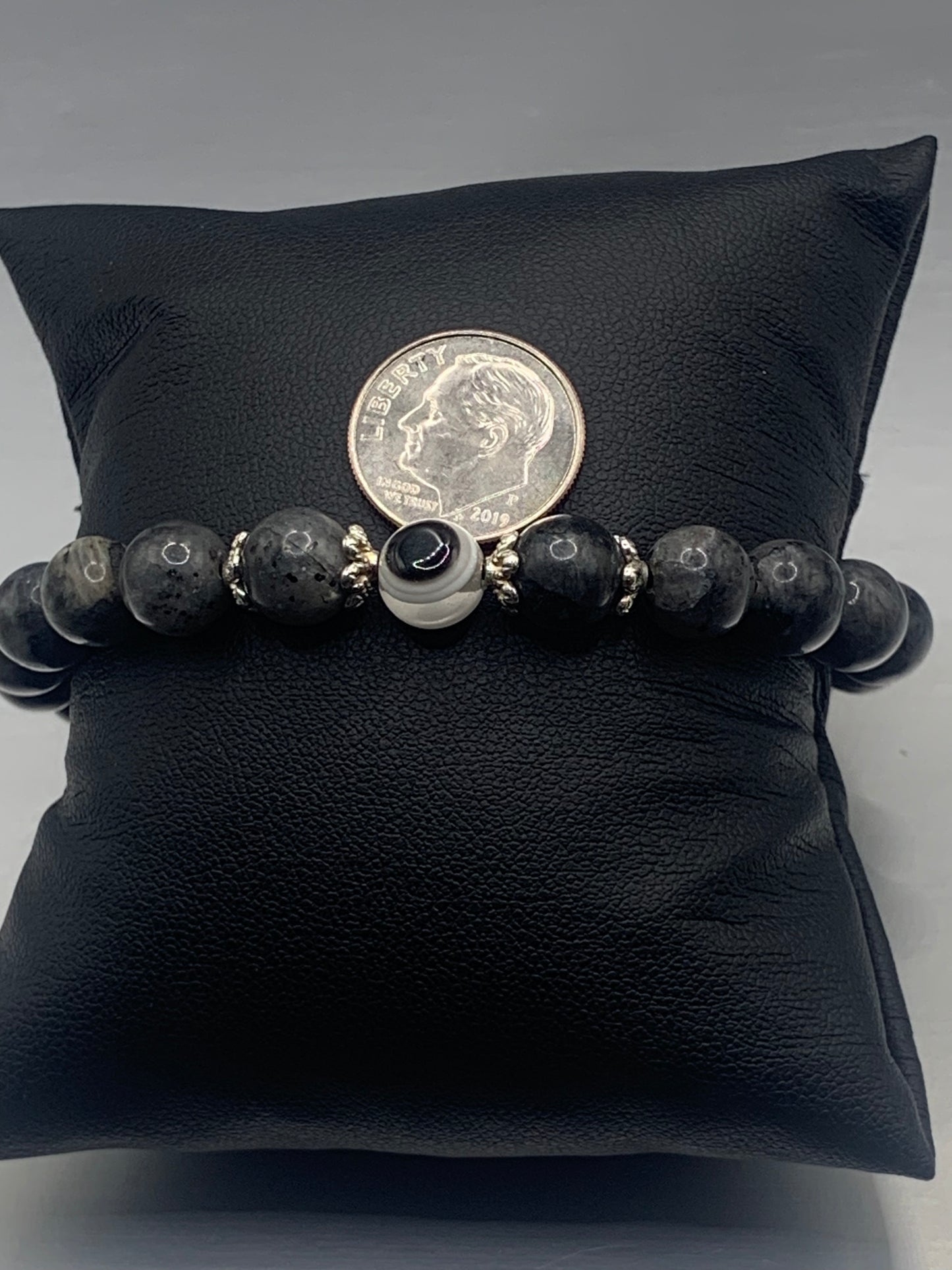 Larvikite semi precious stone/crystal with resin evil eye beaded elastic bracelet
