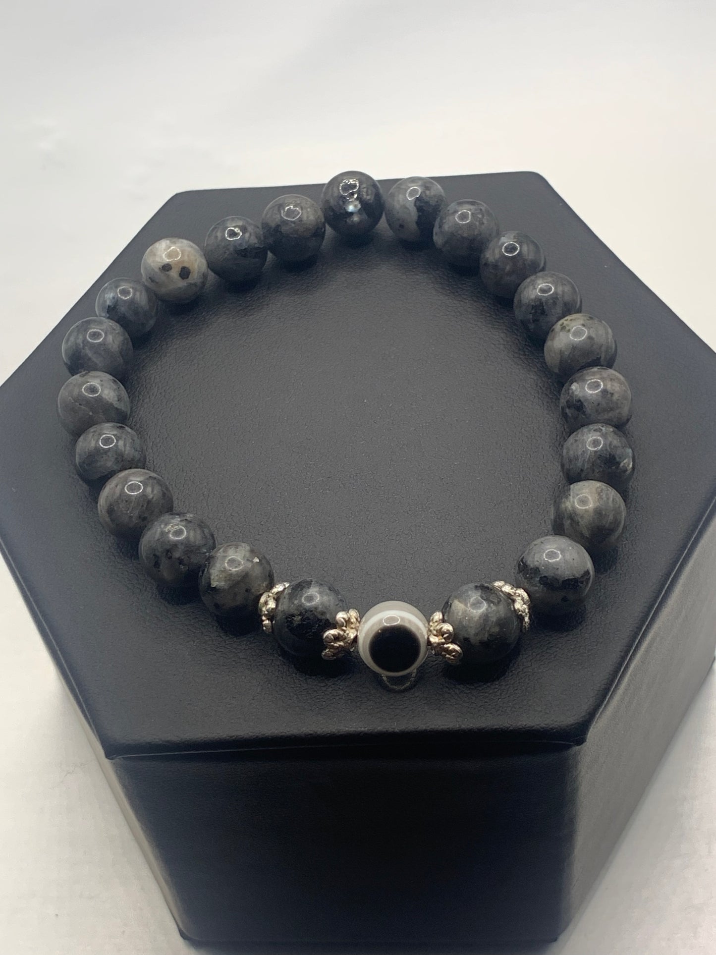 Larvikite semi precious stone/crystal with resin evil eye beaded elastic bracelet