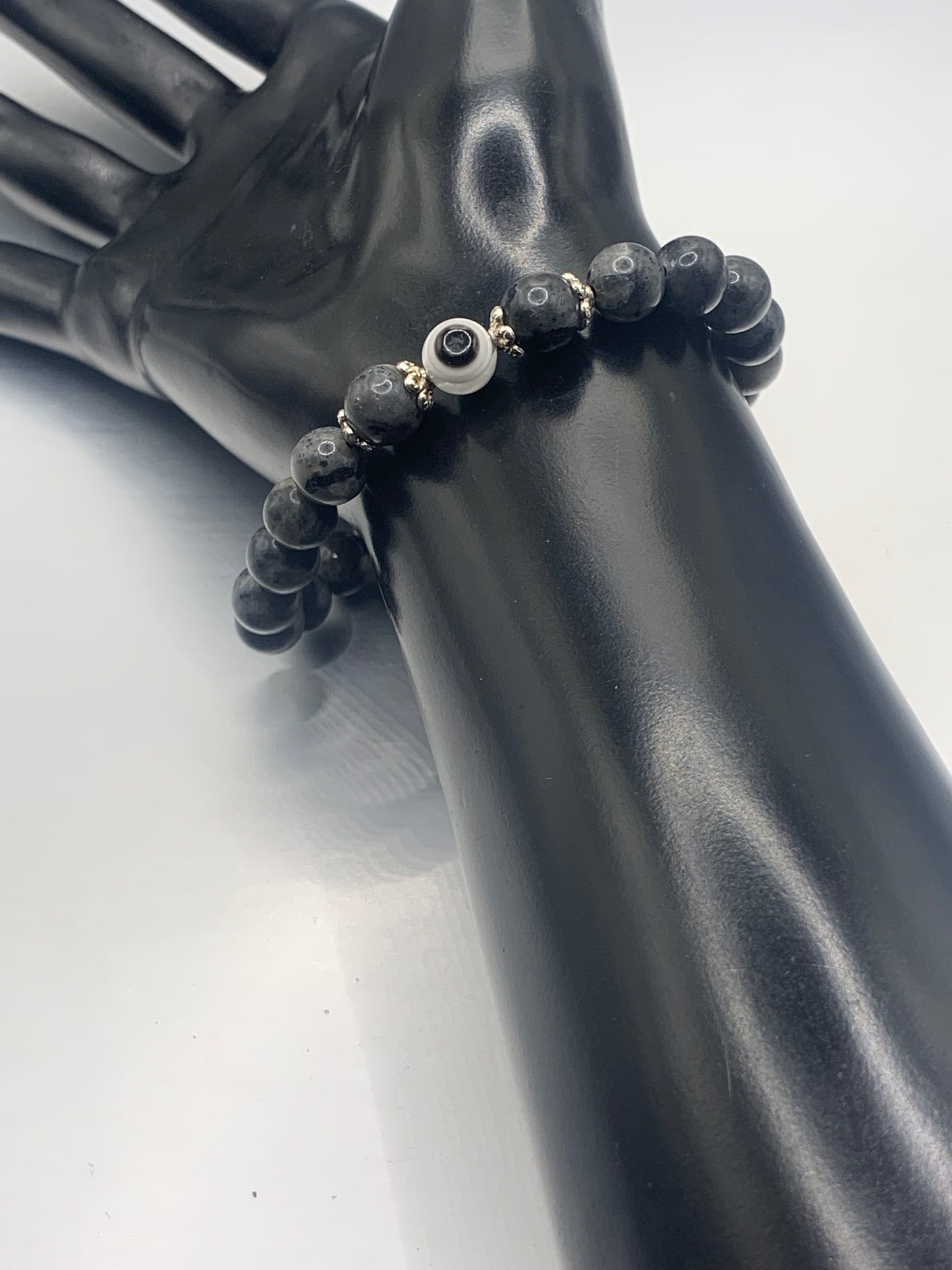 Larvikite semi precious stone/crystal with resin evil eye beaded elastic bracelet